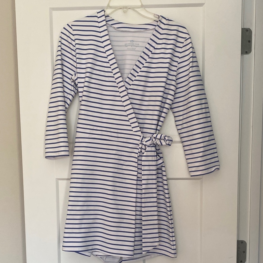 Southern Tide Blue and White Striped Wrap Romper.